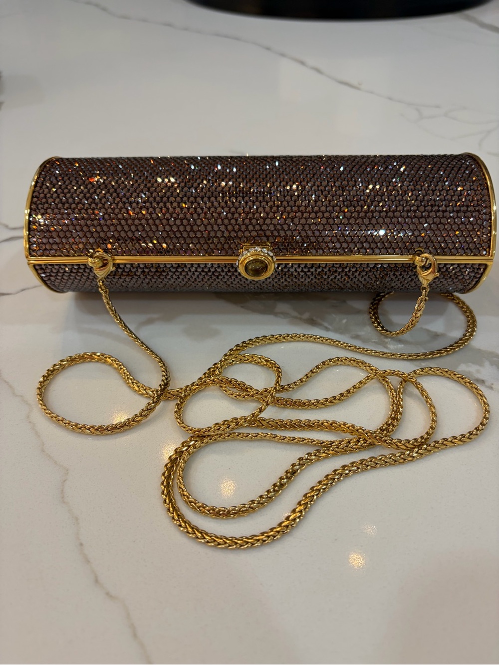 Katherine Bauman Gold- Crystal Cylinder Crossbody Clutch